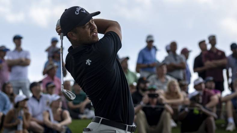 Mar 16, 2024; Ponte Vedra Beach, Florida, USA; Xander Schauffele plays from the 3rd tee during the third round of THE PLAYERS Championship golf tournament. Mandatory Credit: David Yeazell-USA TODAY Sports