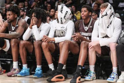 Mar 16, 2024; Brooklyn, NY, USA;  The St. Bonaventure Bonnies bench watches the game in the second half against the Duquesne Dukes at Barclays Center. Mandatory Credit: Wendell Cruz-USA TODAY Sports