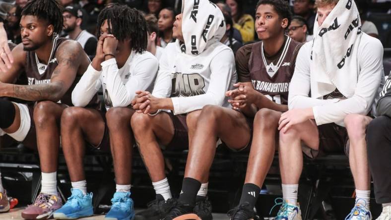 Mar 16, 2024; Brooklyn, NY, USA;  The St. Bonaventure Bonnies bench watches the game in the second half against the Duquesne Dukes at Barclays Center. Mandatory Credit: Wendell Cruz-USA TODAY Sports