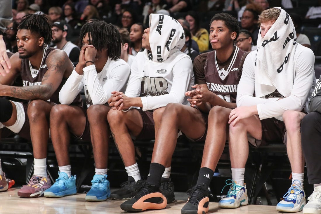 Mar 16, 2024; Brooklyn, NY, USA;  The St. Bonaventure Bonnies bench watches the game in the second half against the Duquesne Dukes at Barclays Center. Mandatory Credit: Wendell Cruz-USA TODAY Sports