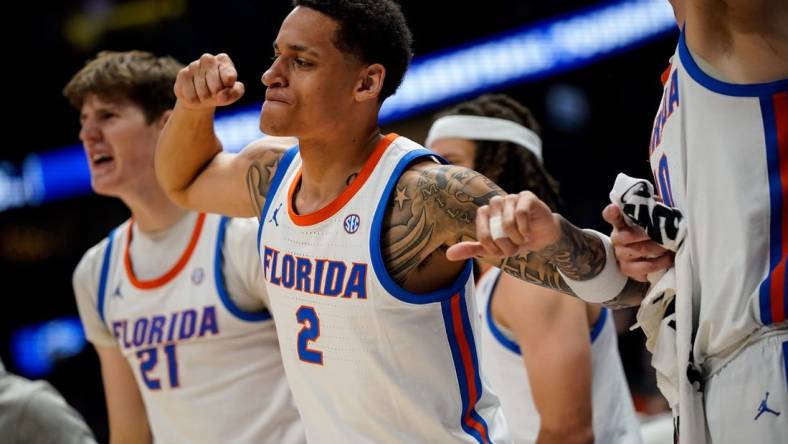 Florida guard Riley Kugel (2) reacts as an basket is scored against Texas A&M during the second half of a SEC tournament semifinal game at Bridgestone Arena in Nashville, Tenn., Saturday, March 16, 2024.