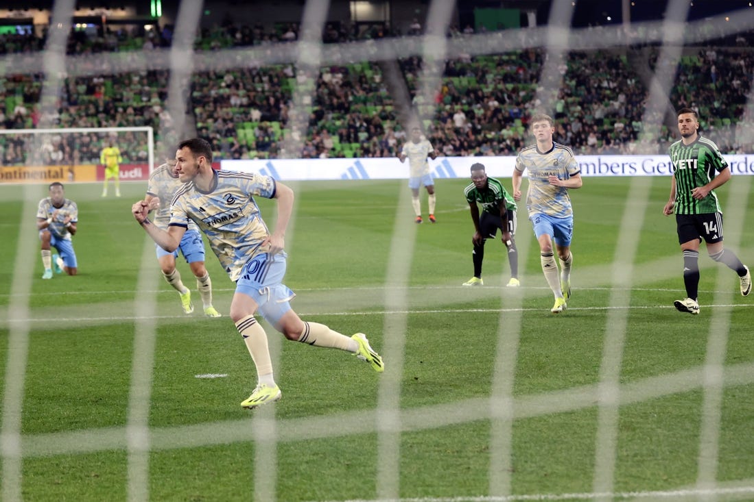 Mar 16, 2024; Austin, Texas, USA;  Philadelphia Union midfielder Daniel Gazdag (10) celebrates after scoring a goal against Austin FC in the first half at Q2 Stadium. Mandatory Credit: Erich Schlegel-USA TODAY Sports