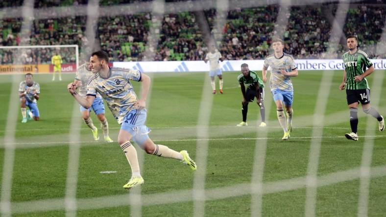 Mar 16, 2024; Austin, Texas, USA;  Philadelphia Union midfielder Daniel Gazdag (10) celebrates after scoring a goal against Austin FC in the first half at Q2 Stadium. Mandatory Credit: Erich Schlegel-USA TODAY Sports