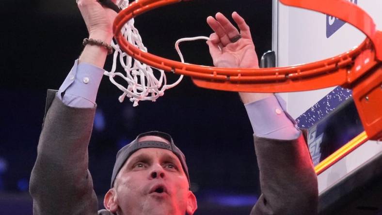 Mar 16, 2024; New York City, NY, USA;  Connecticut Huskies head coach Dan Hurley celebrates the win over Marquette Golden Eagles at Madison Square Garden. Mandatory Credit: Robert Deutsch-USA TODAY Sports