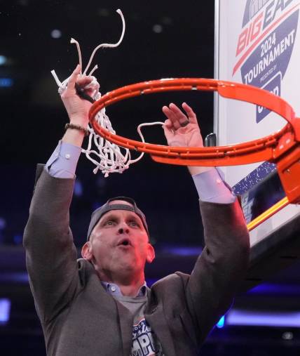 Mar 16, 2024; New York City, NY, USA;  Connecticut Huskies head coach Dan Hurley celebrates the win over Marquette Golden Eagles at Madison Square Garden. Mandatory Credit: Robert Deutsch-USA TODAY Sports