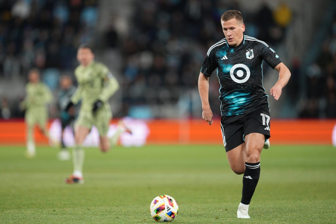 Mar 16, 2024; Saint Paul, Minnesota, USA; Minnesota United midfielder Robin Lod (17) plays the ball in the first half against LAFC at Allianz Field. Mandatory Credit: Matt Blewett-USA TODAY Sports