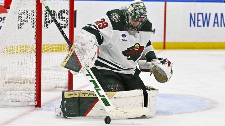 Mar 16, 2024; St. Louis, Missouri, USA;  Minnesota Wild goaltender Marc-Andre Fleury (29) makes a save against the St. Louis Blues during the second period at Enterprise Center. Mandatory Credit: Jeff Curry-USA TODAY Sports