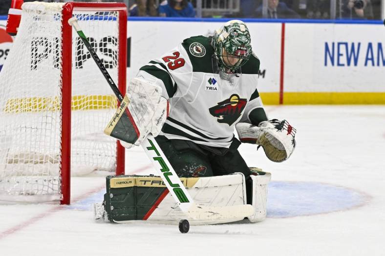Mar 16, 2024; St. Louis, Missouri, USA;  Minnesota Wild goaltender Marc-Andre Fleury (29) makes a save against the St. Louis Blues during the second period at Enterprise Center. Mandatory Credit: Jeff Curry-USA TODAY Sports