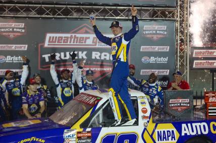 Mar 16, 2024; Bristol, Tennessee, USA; NASCAR Gander RV and Outdoors Truck Series driver Christian Eckes (19) wins the NASCAR Weather Guard truck race at Bristol Motor Speedway. Mandatory Credit: Randy Sartin-USA TODAY Sports