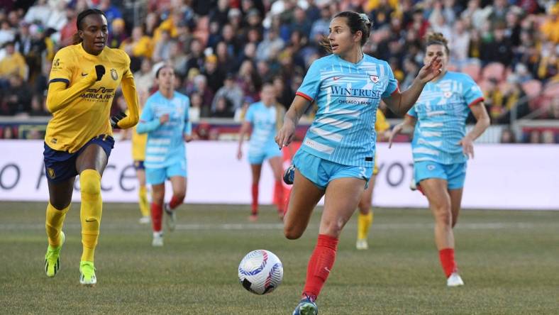 Mar 16, 2024; Sandy, Utah, USA;  Chicago Red Stars defender Sam Staab (3) controls the ball against Utah Royals FC forward Ify Onumonu (11) in the second half at America First Field. Mandatory Credit: Isaac Hale-USA TODAY Sports