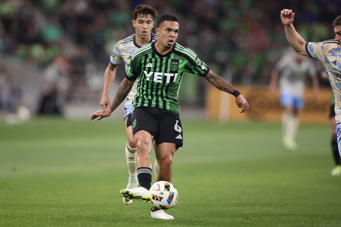 Mar 16, 2024; Austin, Texas, USA; Austin FC midfielder Dani Pereira (6) controls the ball against Philadelphia Union midfielder Quinn Sullivan (33) in the second half at Q2 Stadium. Mandatory Credit: Erich Schlegel-USA TODAY Sports