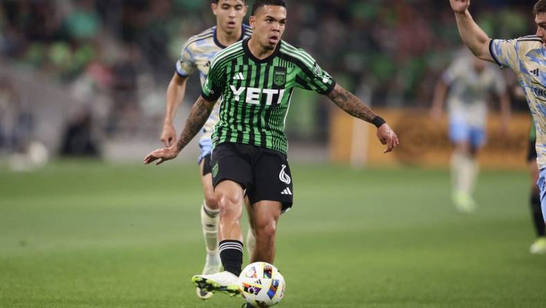 Mar 16, 2024; Austin, Texas, USA; Austin FC midfielder Dani Pereira (6) controls the ball against Philadelphia Union midfielder Quinn Sullivan (33) in the second half at Q2 Stadium. Mandatory Credit: Erich Schlegel-USA TODAY Sports