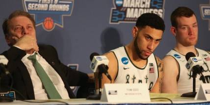 Michigan State coach Tom Izzo reflects with tears in his eyes after the 90-81 upset loss to Middle Tennessee, March 18, 2016 at Scottrade Center in St. Louis, Missouri.