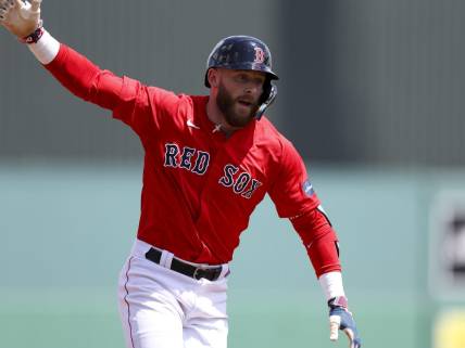 Mar 17, 2024; Fort Myers, Florida, USA;  Boston Red Sox shortstop Trevor Story (10) runs the bases after hitting a three-run home run against the New York Yankees in the first inning at JetBlue Park at Fenway South. Mandatory Credit: Nathan Ray Seebeck-USA TODAY Sports