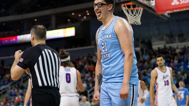 Indiana State's Robbie Avila (21) reacts after being fouled as the University of Evansville Purple Aces play the Indiana State Sycamores at Ford Center in Evansville, Ind., Wednesday, Feb. 28, 2024.