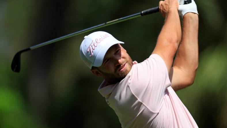 Wyndham Clark tees off hole two during the fourth and final round of The Players Championship PGA golf tournament Sunday, March 17, 2024 at TPC Sawgrass in Ponte Vedra Beach, Fla. Scottie Scheffler won at 20 under par and is the first defending champion in the 50 year history of the event. [Corey Perrine/Florida Times-Union]