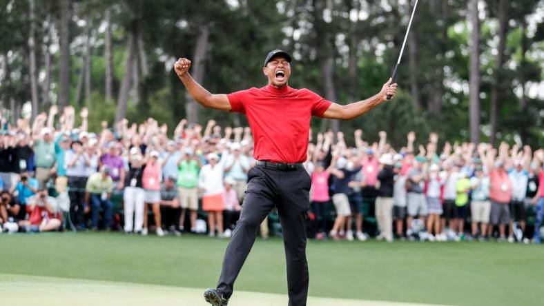 Tiger Woods celebrates winning the 2019 Masters during the final round of the Masters Tournament at Augusta National Golf Club, Sunday, April 14, 2019, in Augusta, Georgia. [ALLEN EYESTONE/FOR THE AUGUSTA CHRONICLE]