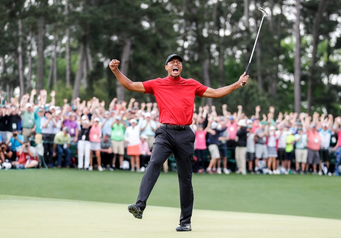 Tiger Woods celebrates winning the 2019 Masters during the final round of the Masters Tournament at Augusta National Golf Club, Sunday, April 14, 2019, in Augusta, Georgia. [ALLEN EYESTONE/FOR THE AUGUSTA CHRONICLE]