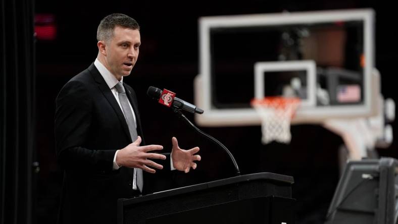 Mar 18, 2024; Columbus, OH, USA; Ohio State basketball head coach Jake Diebler speaks at his introductory press conference at Value City Arena.