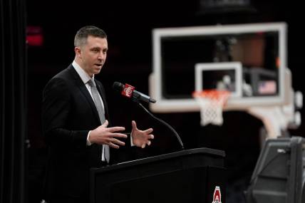 Mar 18, 2024; Columbus, OH, USA; Ohio State basketball head coach Jake Diebler speaks at his introductory press conference at Value City Arena.