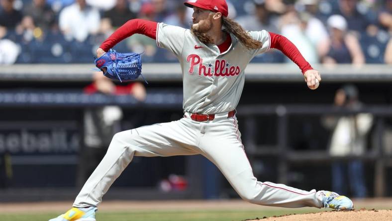 Mar 18, 2024; Tampa, Florida, USA;  Philadelphia Phillies relief pitcher Matt Strahm (25) throws a pitch against the New York Yankees in the first inning at George M. Steinbrenner Field. Mandatory Credit: Nathan Ray Seebeck-USA TODAY Sports