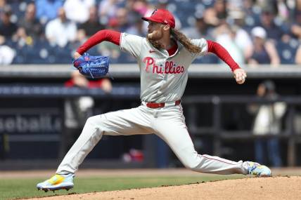 Mar 18, 2024; Tampa, Florida, USA;  Philadelphia Phillies relief pitcher Matt Strahm (25) throws a pitch against the New York Yankees in the first inning at George M. Steinbrenner Field. Mandatory Credit: Nathan Ray Seebeck-USA TODAY Sports
