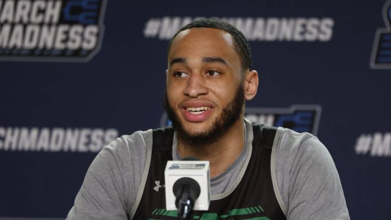 Mar 18, 2024; Dayton, OH, USA; Wagner Seahawks guard Tahron Allen (10) talk to the media during NCAA Tournament First Four Practice at UD Arena. Mandatory Credit: Rick Osentoski-USA TODAY Sports