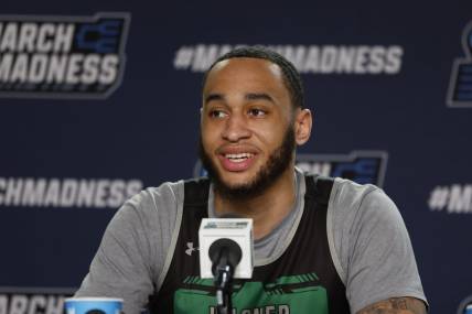 Mar 18, 2024; Dayton, OH, USA; Wagner Seahawks guard Tahron Allen (10) talk to the media during NCAA Tournament First Four Practice at UD Arena. Mandatory Credit: Rick Osentoski-USA TODAY Sports