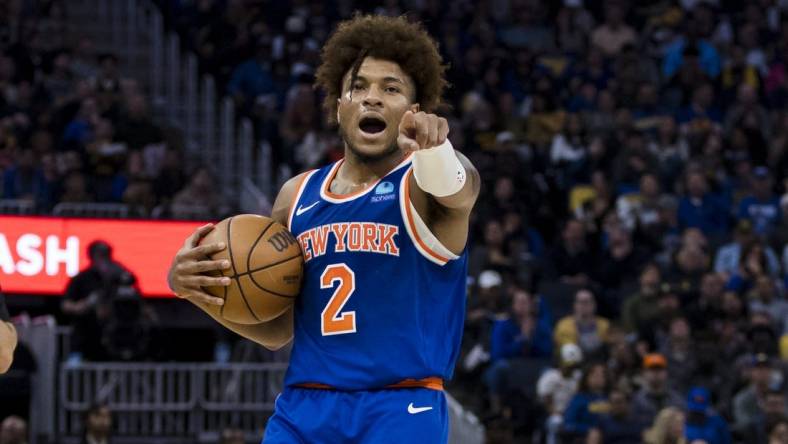 Mar 18, 2024; San Francisco, California, USA; New York Knicks guard Miles McBride (2) gestures during the first half of the game against the Golden State Warriors at Chase Center. Mandatory Credit: John Hefti-USA TODAY Sports