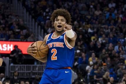 Mar 18, 2024; San Francisco, California, USA; New York Knicks guard Miles McBride (2) gestures during the first half of the game against the Golden State Warriors at Chase Center. Mandatory Credit: John Hefti-USA TODAY Sports