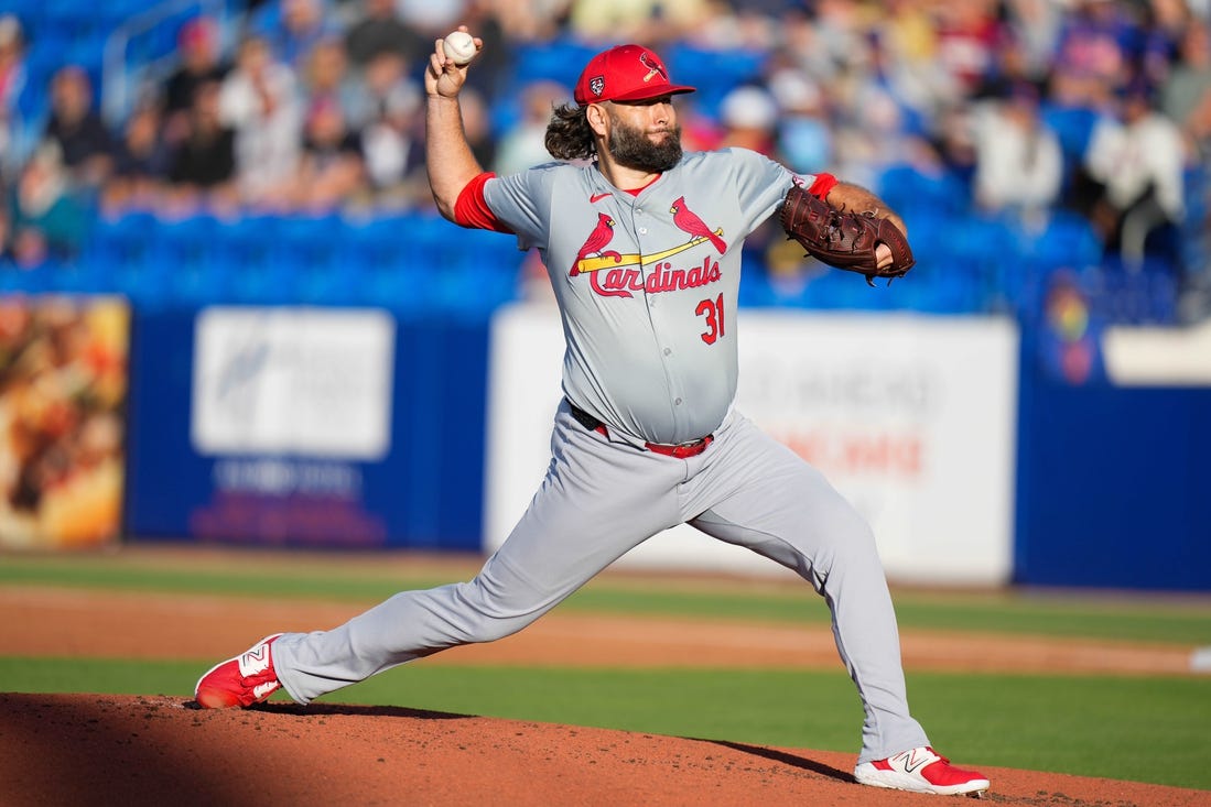 Mar 19, 2024; Port St. Lucie, Florida, USA; St. Louis Cardinals starting pitcher Lance Lynn (31) throws a pitch against the New York Mets during the first inning at Clover Park. Mandatory Credit: Rich Storry-USA TODAY Sports