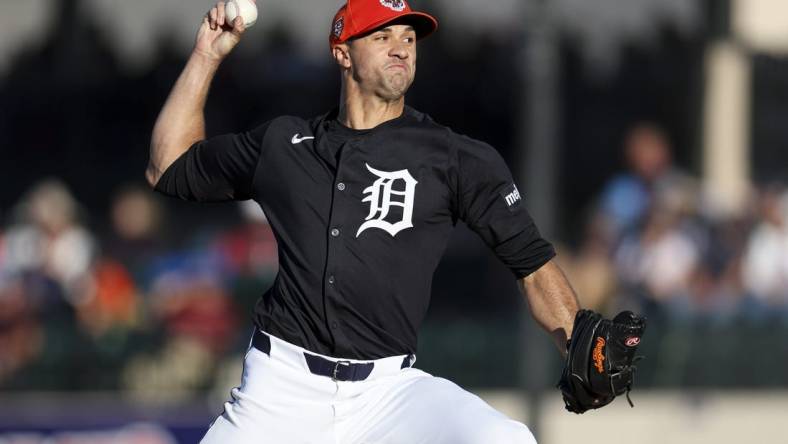 Mar 19, 2024; Lakeland, Florida, USA;  Detroit Tigers pitcher Jack Flaherty (45) throws a pitch against the Philadelphia Phillies in the first inning at Publix Field at Joker Marchant Stadium. Mandatory Credit: Nathan Ray Seebeck-USA TODAY Sports