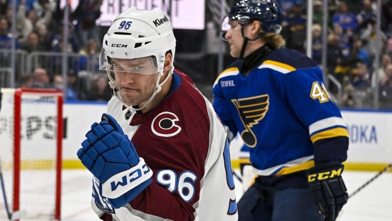 Mar 19, 2024; St. Louis, Missouri, USA;  Colorado Avalanche right wing Mikko Rantanen (96) reacts after scoring against the St. Louis Blues during the first period at Enterprise Center. Mandatory Credit: Jeff Curry-USA TODAY Sports