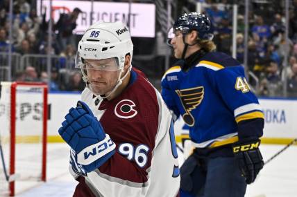 Mar 19, 2024; St. Louis, Missouri, USA;  Colorado Avalanche right wing Mikko Rantanen (96) reacts after scoring against the St. Louis Blues during the first period at Enterprise Center. Mandatory Credit: Jeff Curry-USA TODAY Sports