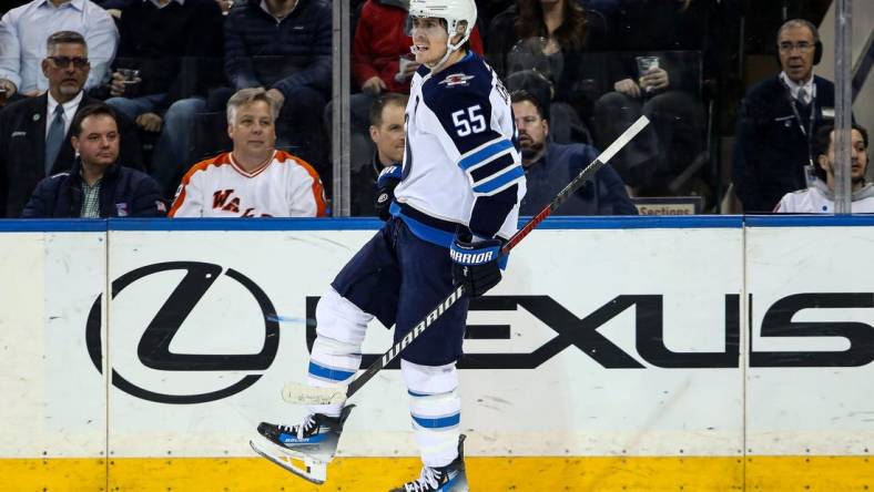 Mar 19, 2024; New York, New York, USA; Winnipeg Jets center Mark Scheifele (55) celebrates his second goal of the night against the New York Rangers during the second period at Madison Square Garden. Mandatory Credit: Danny Wild-USA TODAY Sports