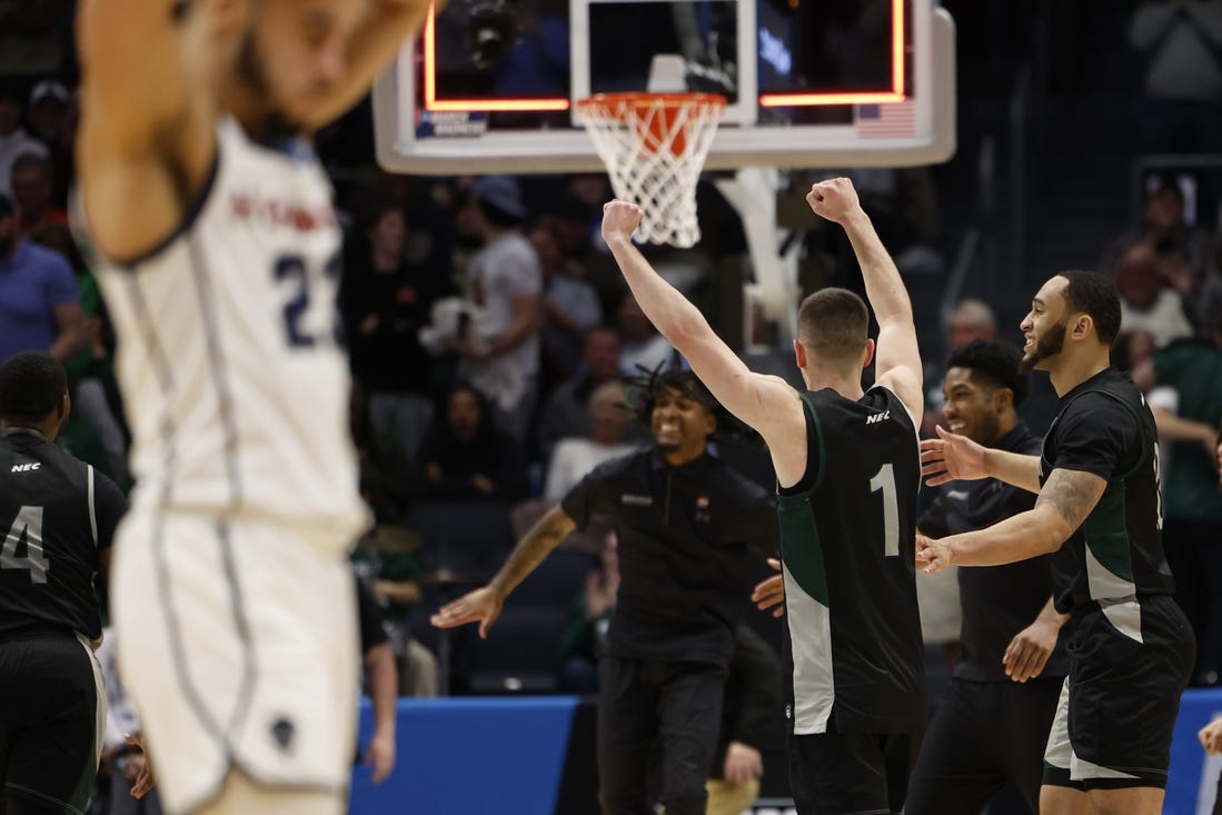 Mar 19, 2024; Dayton, OH, USA; Wagner Seahawks guard Javier Ezquerra (1) celebrates defeating the Howard Bison  at UD Arena. Mandatory Credit: Rick Osentoski-USA TODAY Sports