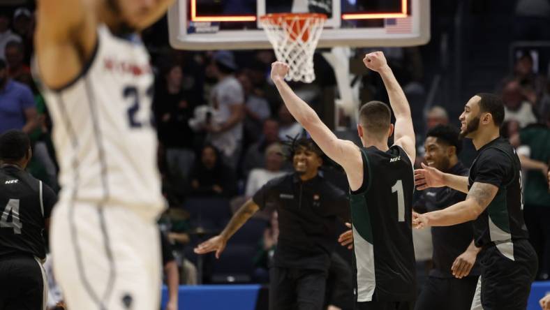 Mar 19, 2024; Dayton, OH, USA; Wagner Seahawks guard Javier Ezquerra (1) celebrates defeating the Howard Bison  at UD Arena. Mandatory Credit: Rick Osentoski-USA TODAY Sports