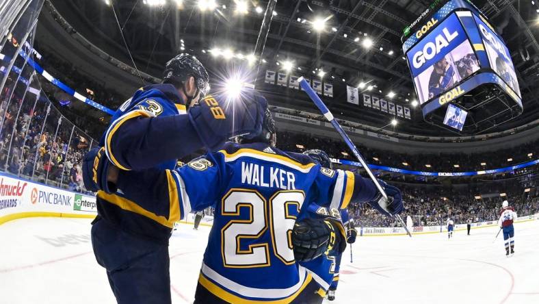 Mar 19, 2024; St. Louis, Missouri, USA;  St. Louis Blues right wing Alexey Toropchenko (13) celebrates with left wing Nathan Walker (26) after scoring against the Colorado Avalanche during the second period at Enterprise Center. Mandatory Credit: Jeff Curry-USA TODAY Sports