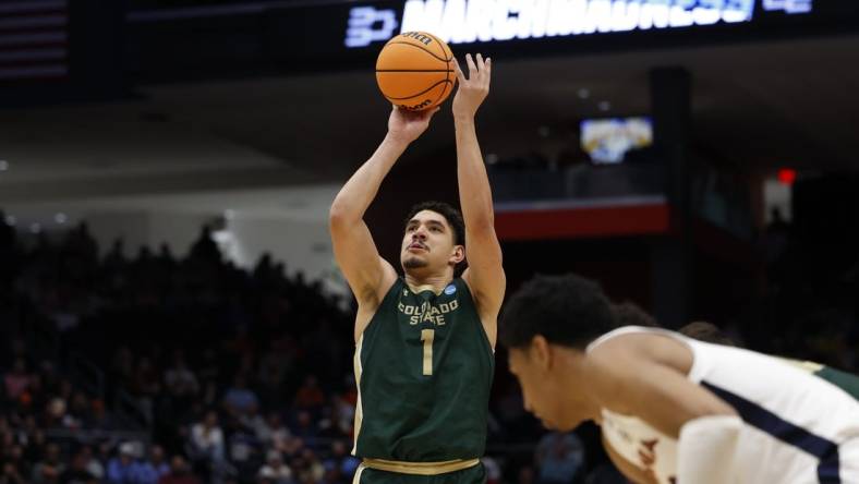 Mar 19, 2024; Dayton, OH, USA; Colorado State Rams forward Joel Scott (1) shoots a free throw in the second half against the Virginia Cavaliers at UD Arena. Mandatory Credit: Rick Osentoski-USA TODAY Sports