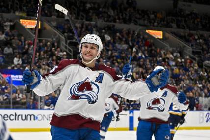 Mar 19, 2024; St. Louis, Missouri, USA;  Colorado Avalanche right wing Mikko Rantanen (96) reacts after scouring his third goal of the game for a hat trick against the St. Louis Blues during the third period at Enterprise Center. Mandatory Credit: Jeff Curry-USA TODAY Sports