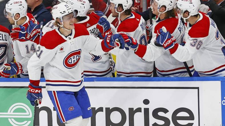 Mar 16, 2024; Edmonton, Alberta, CAN; The Montreal Canadiens celebrate a goal scored by  defensemen Kaiden Guhle (21) during the third period against the Edmonton Oilers at Rogers Place. Mandatory Credit: Perry Nelson-USA TODAY Sports