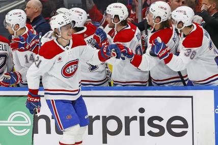 Mar 16, 2024; Edmonton, Alberta, CAN; The Montreal Canadiens celebrate a goal scored by  defensemen Kaiden Guhle (21) during the third period against the Edmonton Oilers at Rogers Place. Mandatory Credit: Perry Nelson-USA TODAY Sports