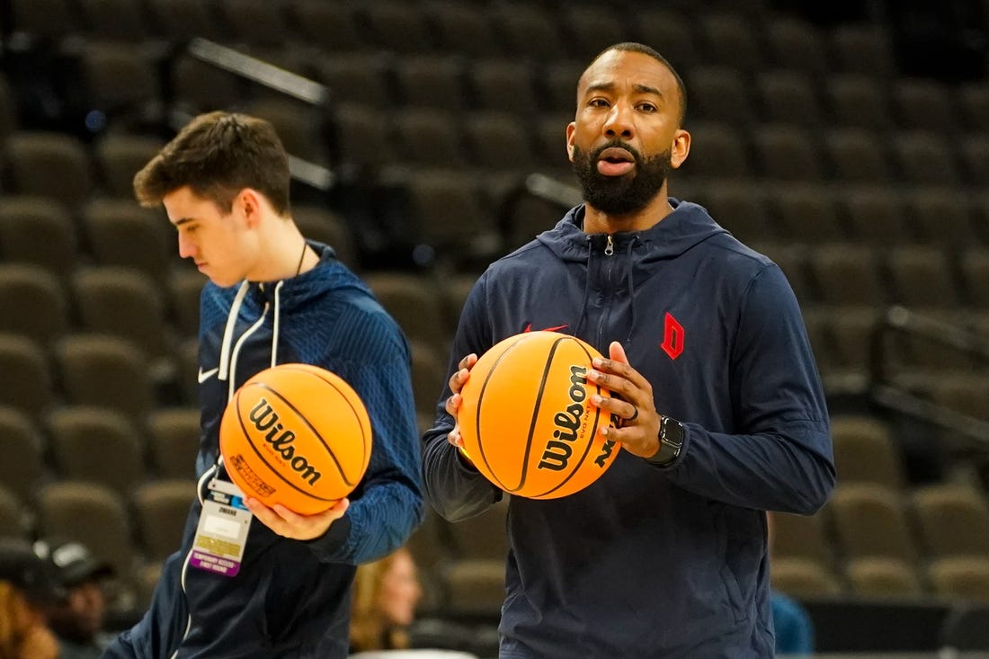 Mar 20, 2024; Omaha, NE, USA; Duquesne Dukes assistant coach Dru Joyce III talks to players during the NCAA first round practice session at CHI Health Center Omaha. Mandatory Credit: Dylan Widger-USA TODAY Sports