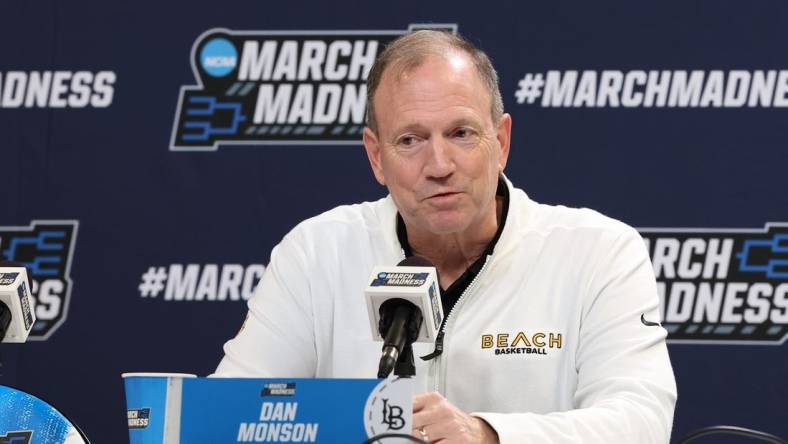 Mar 20, 2024; Salt Lake City, UT, USA; Long Beach State 49ers head coach Dan Monson addresses the media during the NCAA first round practice session at Delta Center. Mandatory Credit: Rob Gray-USA TODAY Sports