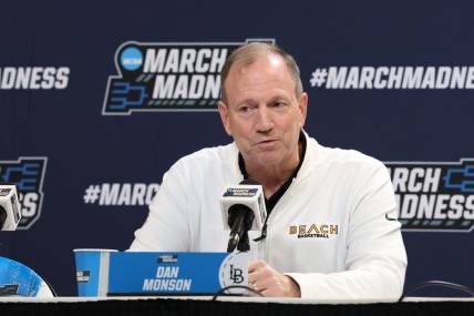 Mar 20, 2024; Salt Lake City, UT, USA; Long Beach State 49ers head coach Dan Monson addresses the media during the NCAA first round practice session at Delta Center. Mandatory Credit: Rob Gray-USA TODAY Sports