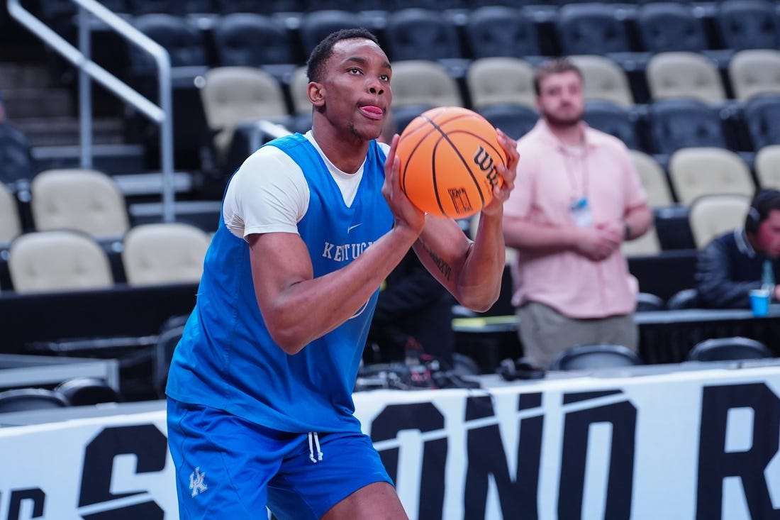 Mar 20, 2024; Pittsburgh, PA, USA; Kentucky Wildcats guard Adou Thiero (3) shoots the ball during the NCAA first round practice session at PPG Paints Arena. Mandatory Credit: Gregory Fisher-USA TODAY Sports