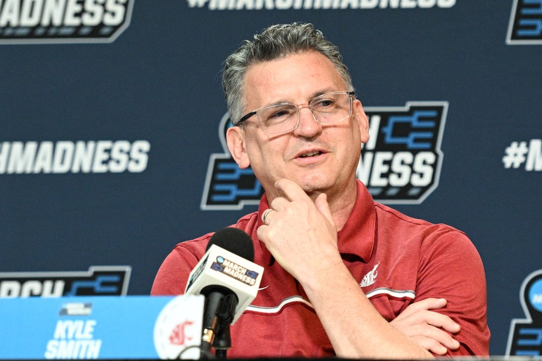 Mar 20, 2024; Omaha, NE, USA;  Washington State Cougars head coach Kyle Smith talks with the media during the NCAA first round practice session at CHI Health Center Omaha. Mandatory Credit: Steven Branscombe-USA TODAY Sports