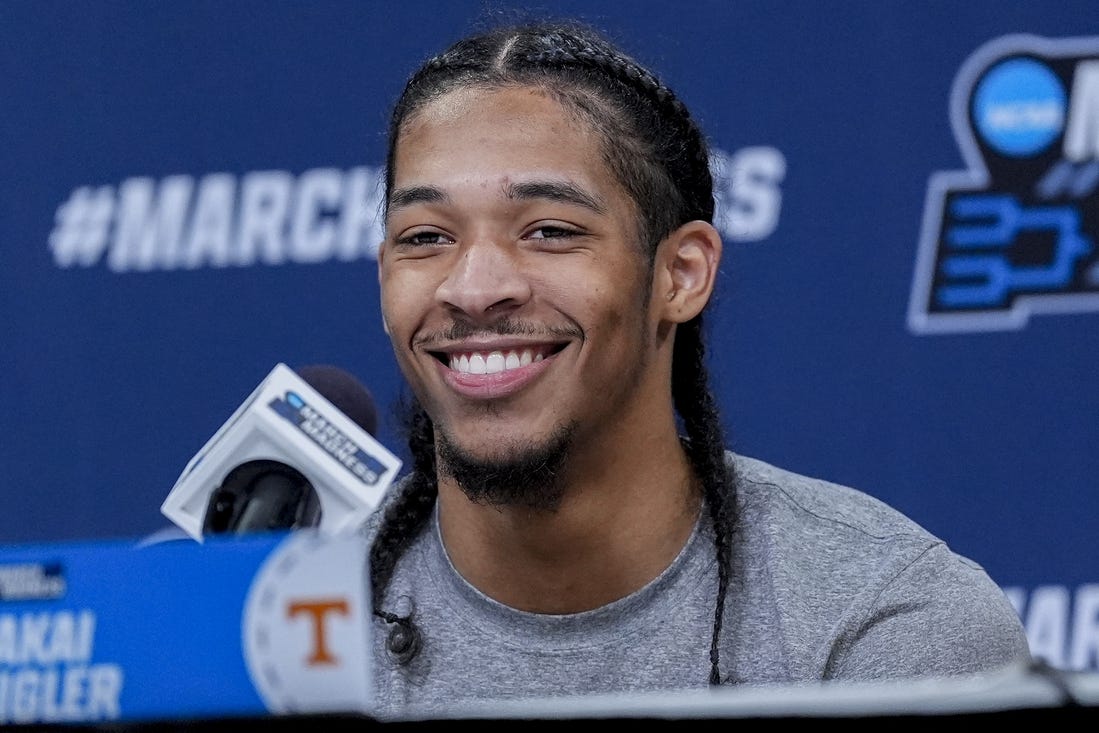 Mar 20, 2024; Charlotte, NC, USA; Tennessee Volunteers guard Zakai Zeigler (5) answers questions from the media during the NCAA first round practice session at Spectrum Center. Mandatory Credit: Jim Dedmon-USA TODAY Sports