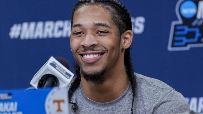 Mar 20, 2024; Charlotte, NC, USA; Tennessee Volunteers guard Zakai Zeigler (5) answers questions from the media during the NCAA first round practice session at Spectrum Center. Mandatory Credit: Jim Dedmon-USA TODAY Sports