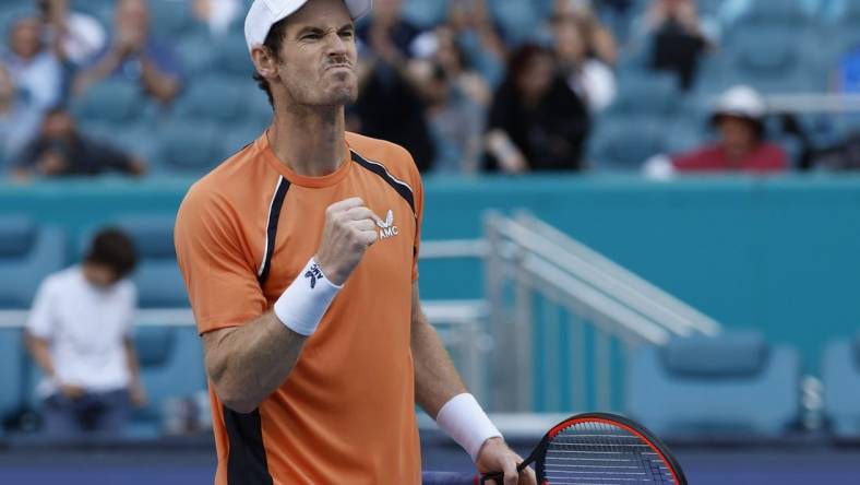 Mar 20, 2024; Miami Gardens, FL, USA; Andy Murray (GBR) celebrates after match point against Matteo Berrettini (ITA) (not pictured) on day three of the  Miami Open at Hard Rock Stadium. Mandatory Credit: Geoff Burke-USA TODAY Sports